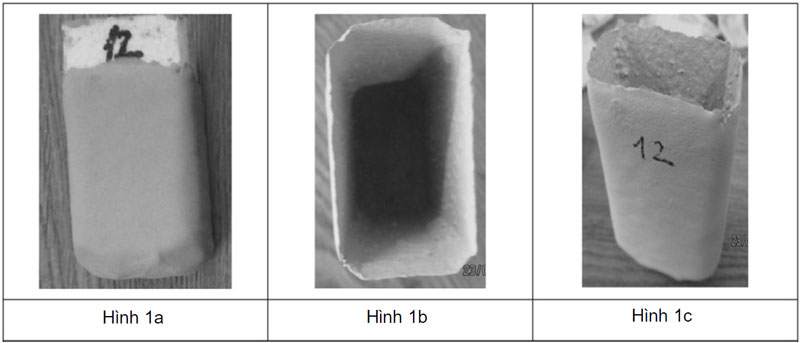 Hình 1. Thí nghiệm thành phần sơn tối ưu trên xốp a, Mẫu sơn trên xốp sau sấy khô; b, c, Mẫu sơn sau nung ở 800 oC