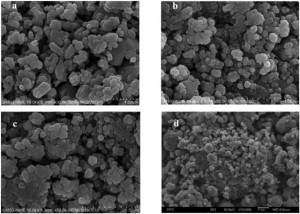 Hình 3. ảnh SEM  của mẫu bột nghiền thời gian khác nhau (a) 1 h; (b) 5 h; (c) 10 h và (d) 20 h