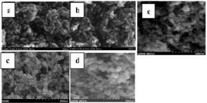 Hình 8. ảnh SEM của các mẫu: a) mẫu 1, x = 0,20; b) mẫu 2, x = 0,36; c) mẫu 3, x = 0,60; d) mẫu 4, x = 0,80; e) mẫu 5, x = 0,90.